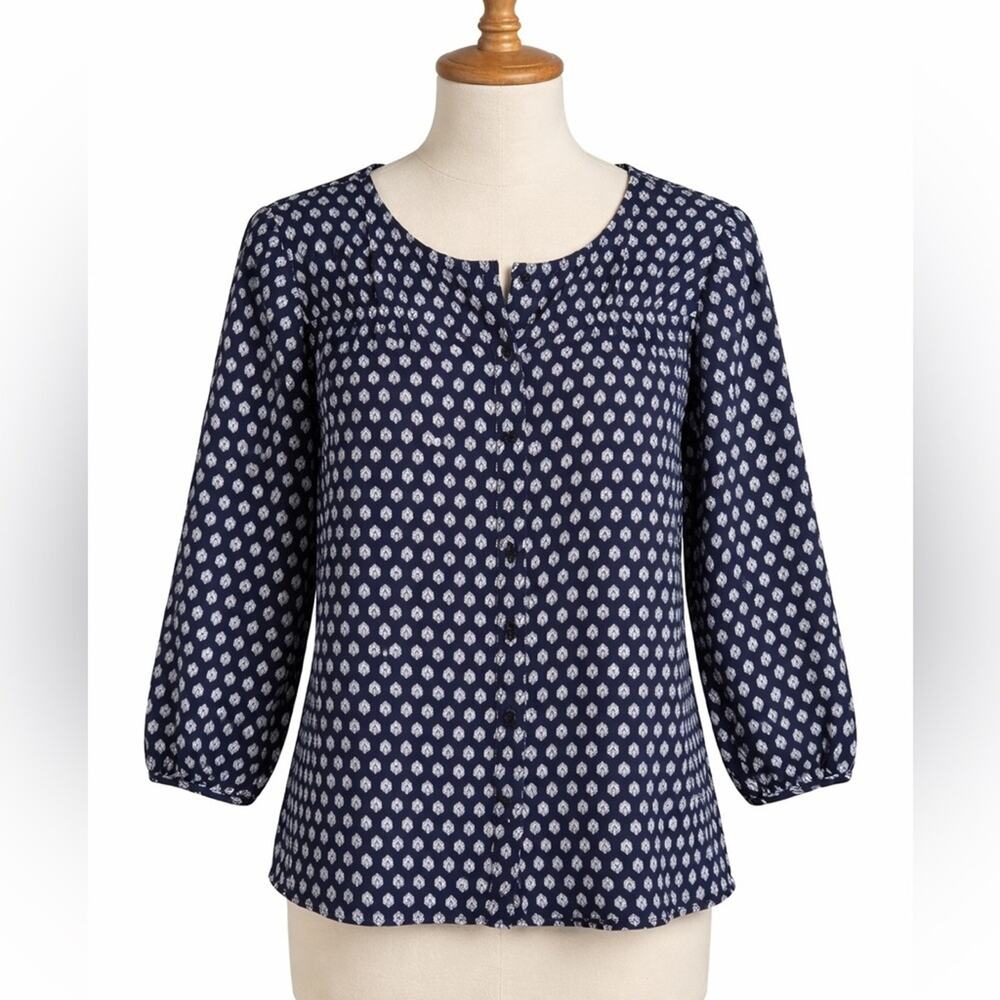 Talbots Lightweight 100% Cotton Popover Peasant Shirt Blouse Navy Sz S